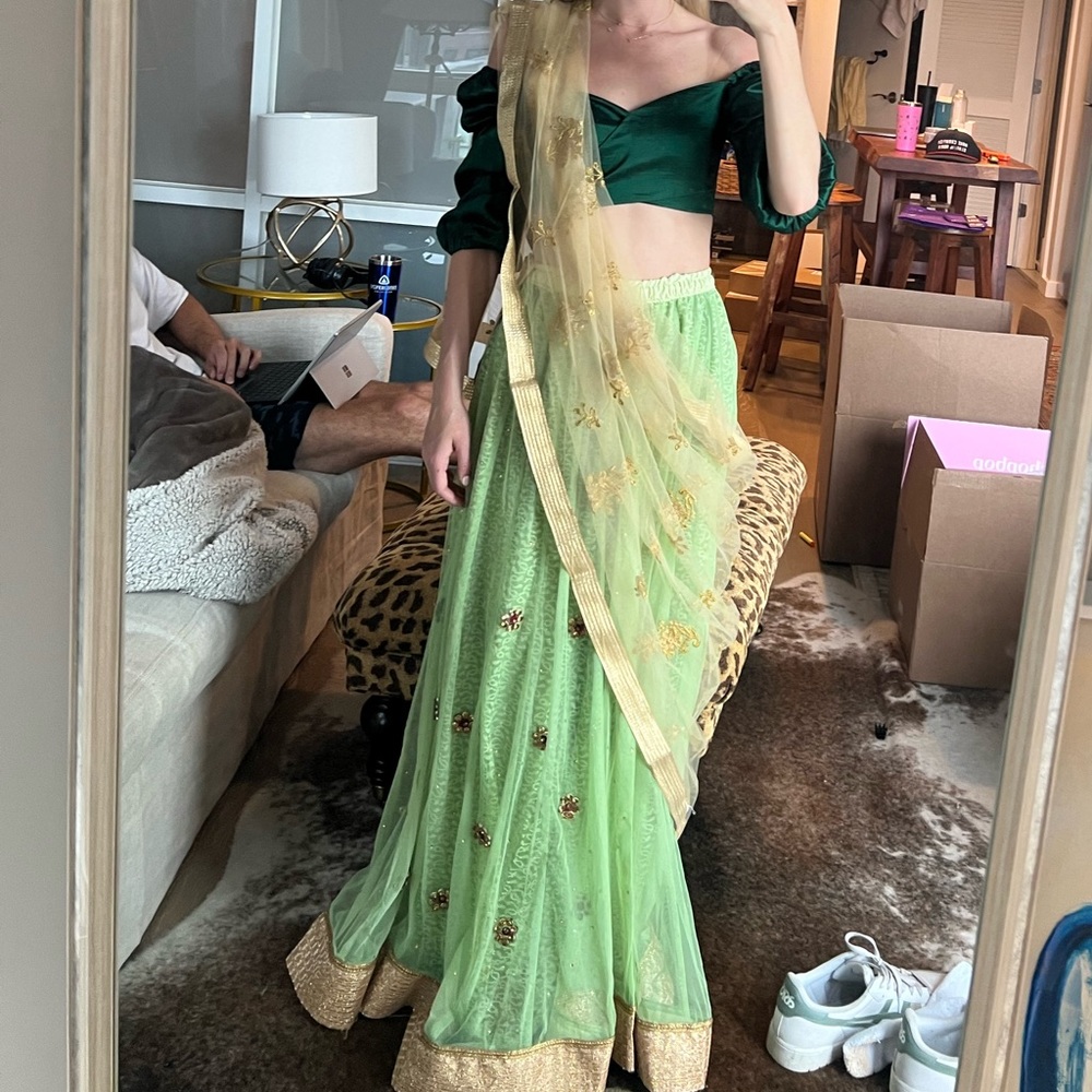 Green Lehenga - top, skirt and scarf